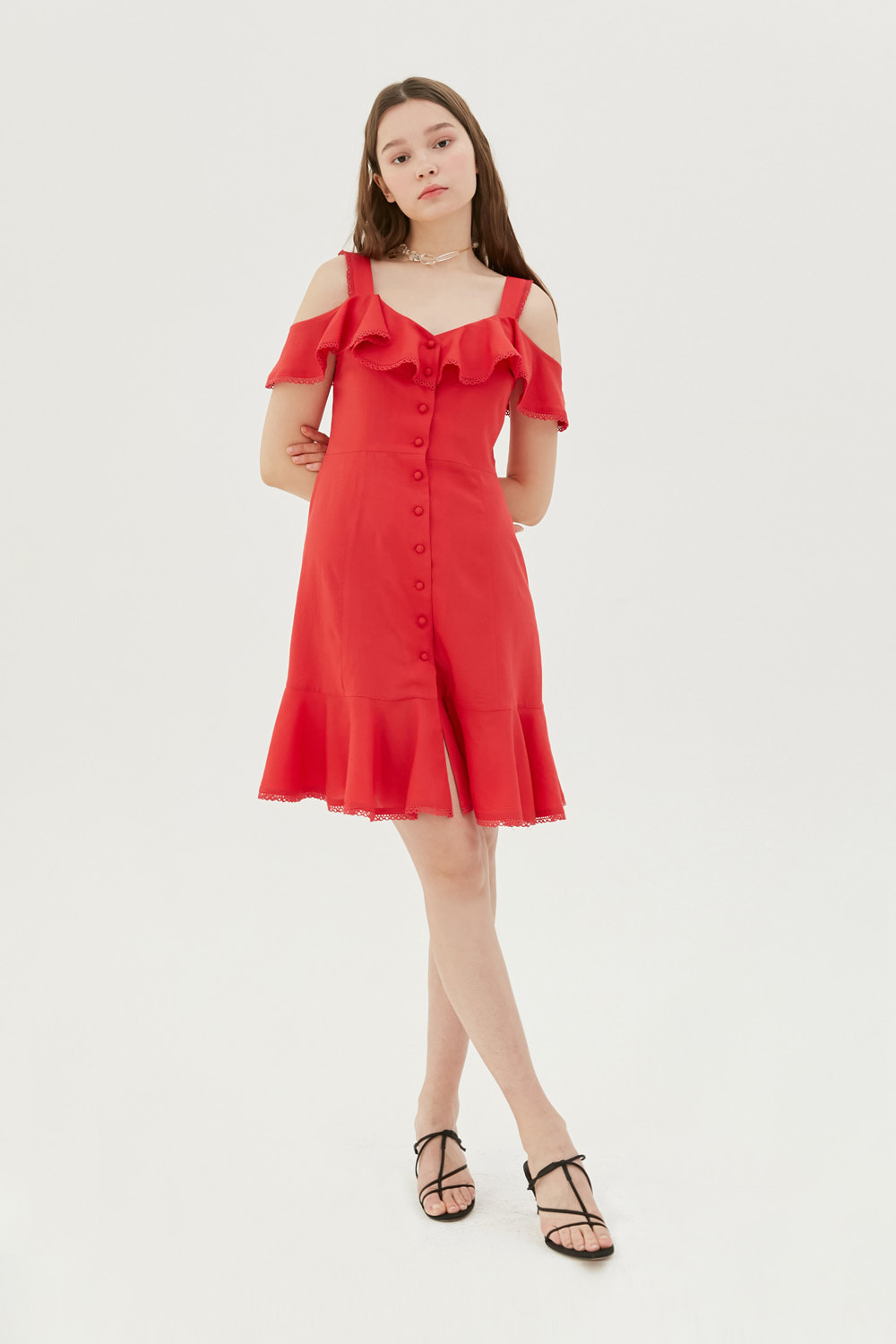 [여자친구 엄지 착용]Button down mini dress (Red)