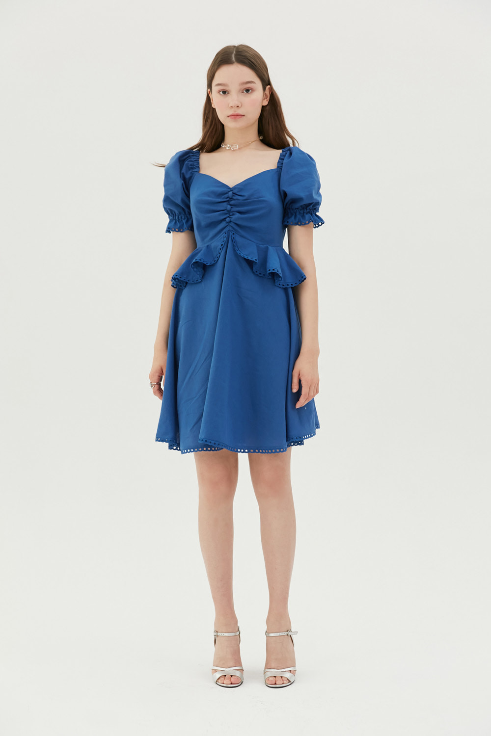 Ruffled cotton mini dress (Blue)