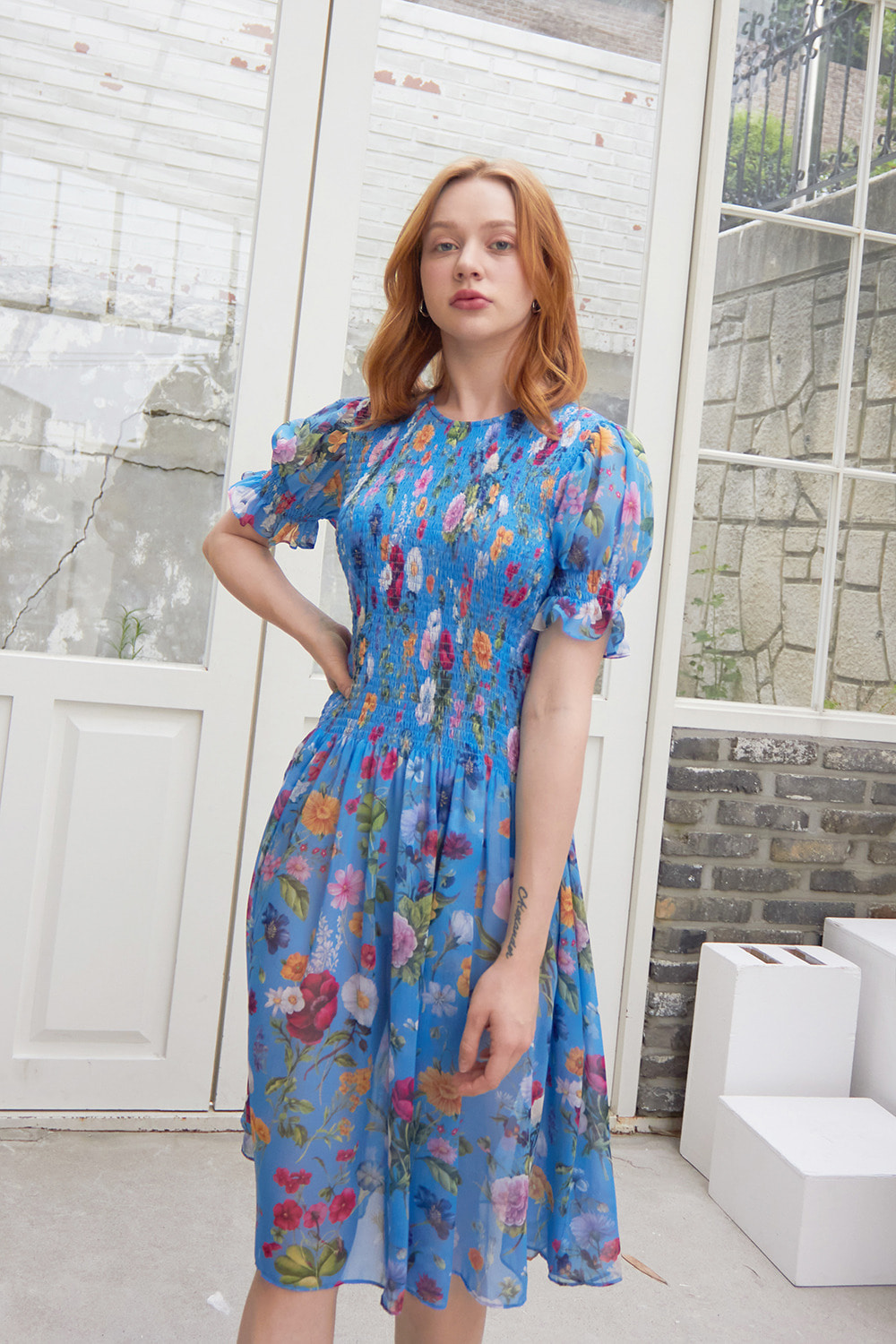 Flower garden elastic dress (Cornflower blue)