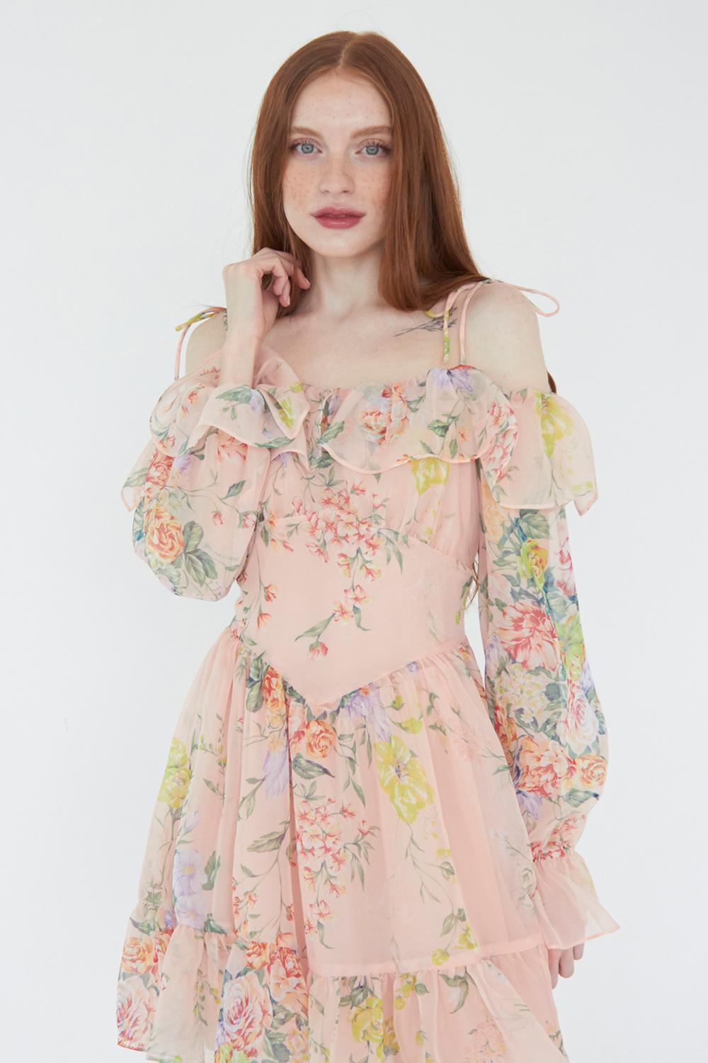 Flower party off shoulder dress (Peach beige)