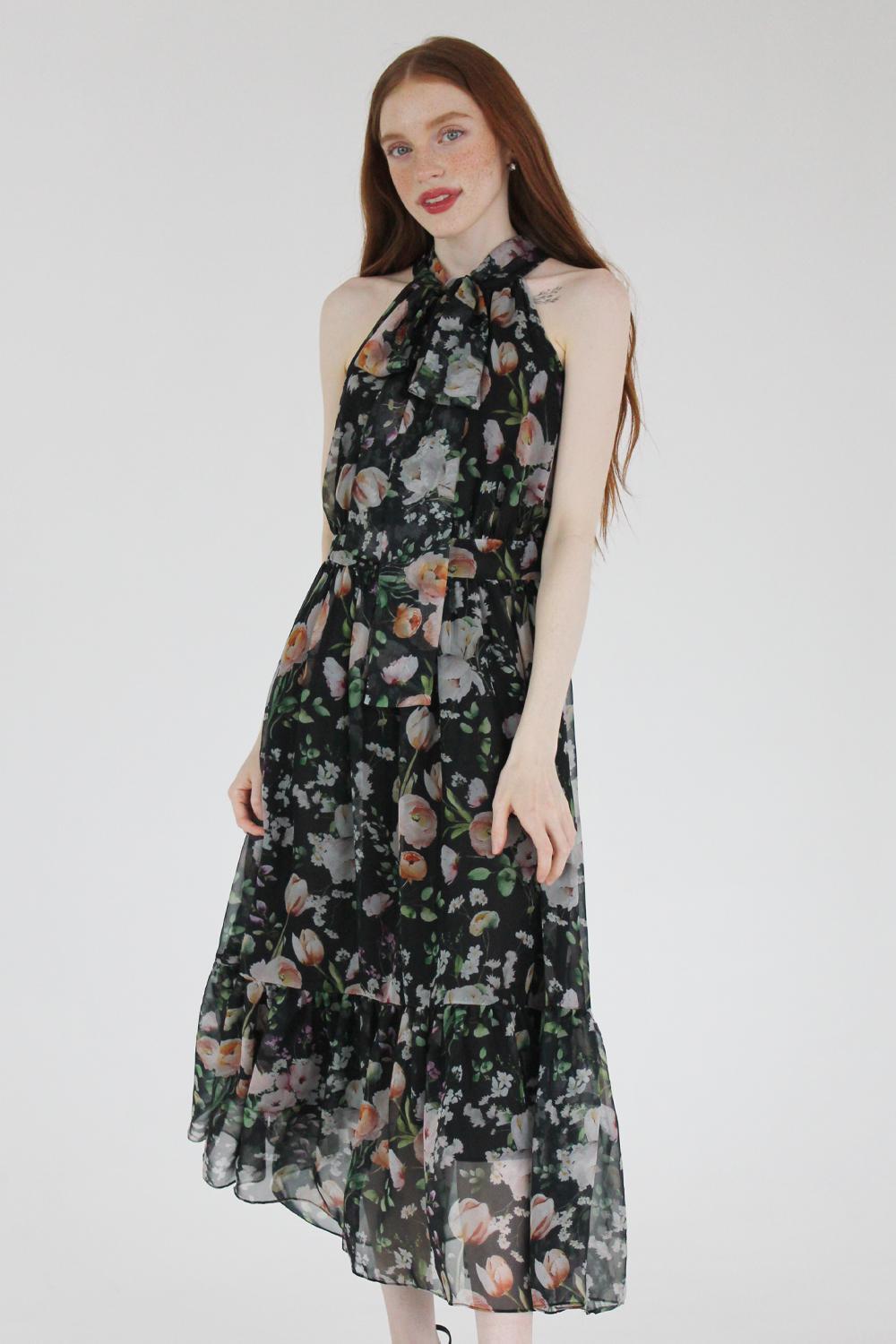 Airy halter long dress (Black Flower)