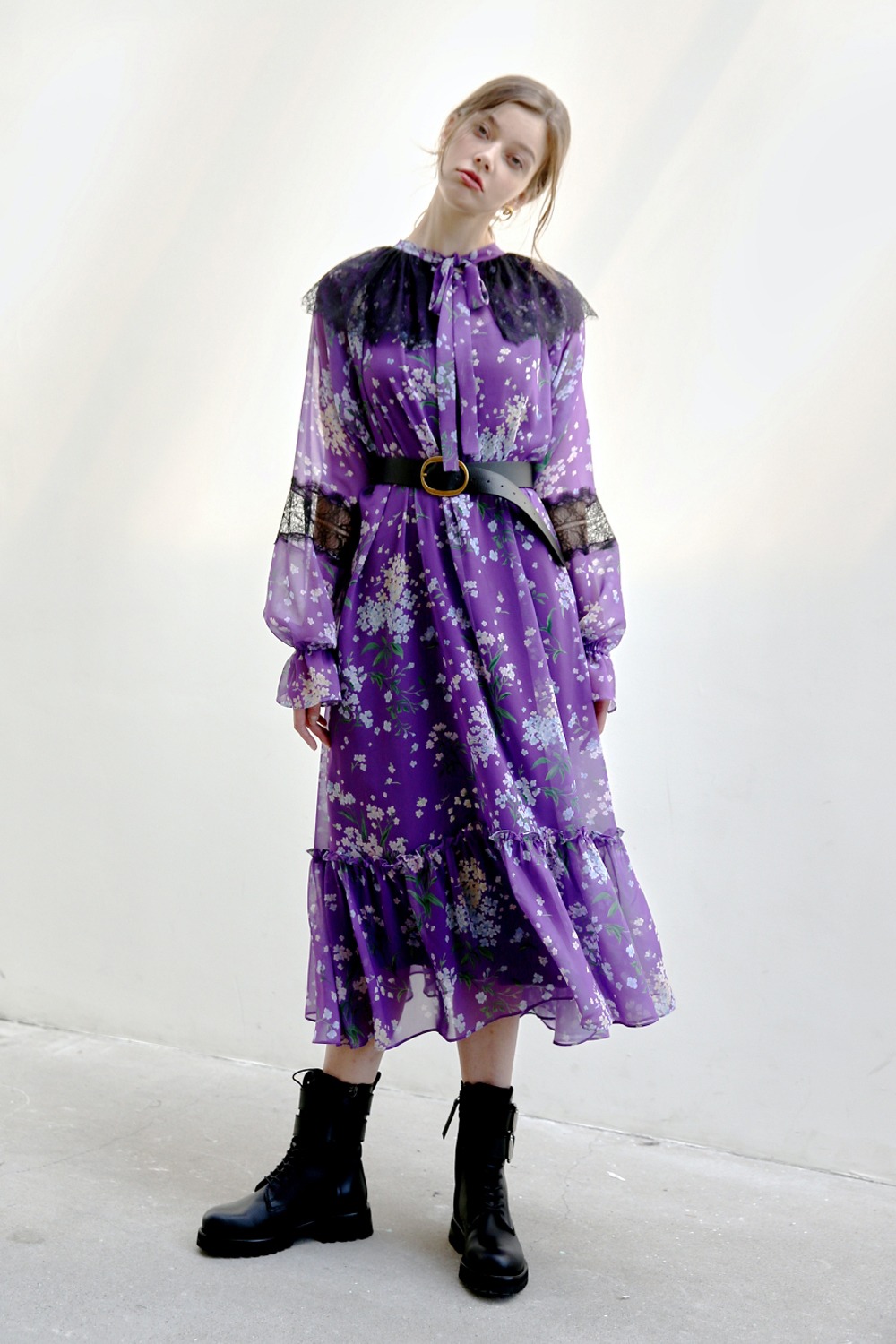 Lace detail shirring dress (Purple)