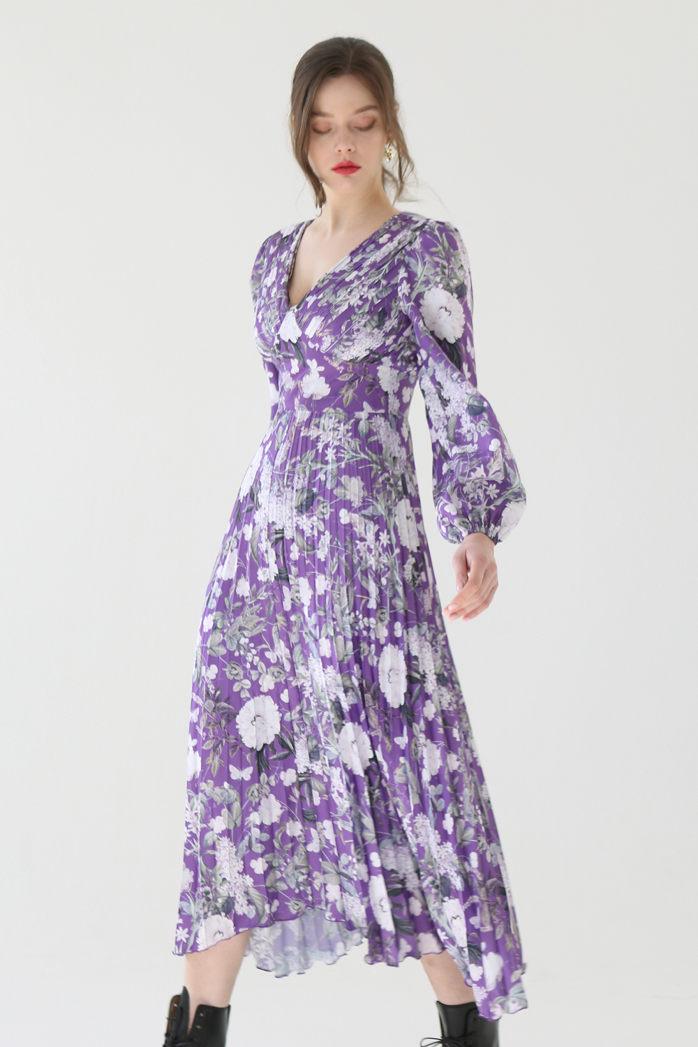 [Sample Sale 60%] Flower atelier pleats dress (Purple)