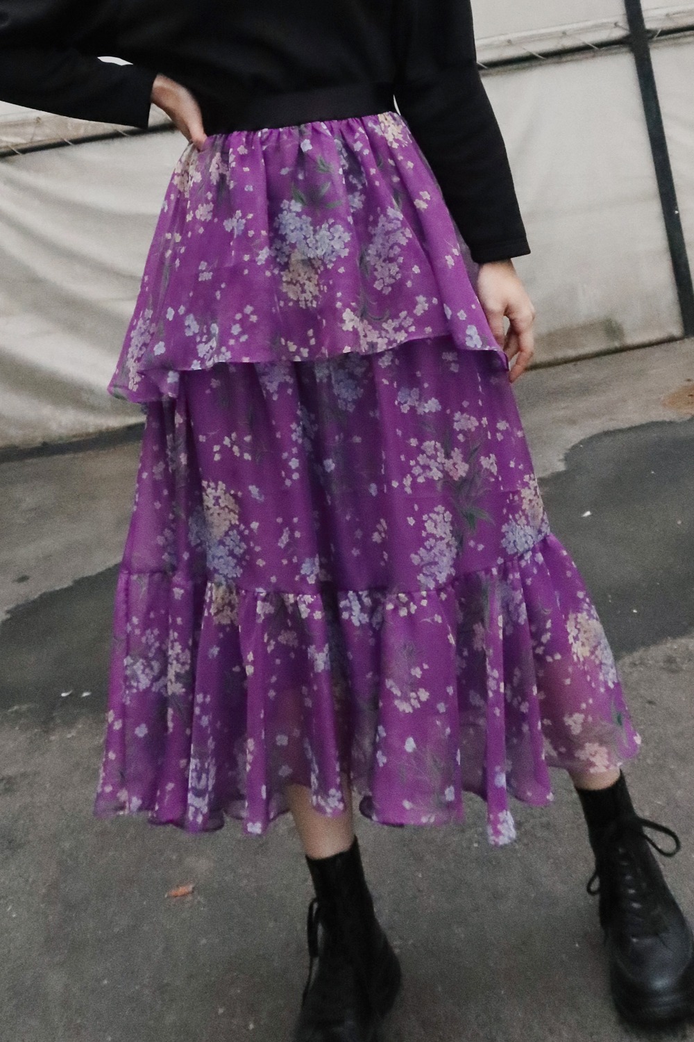 Dramatic ruffle long skirt (Windy flower Purple)
